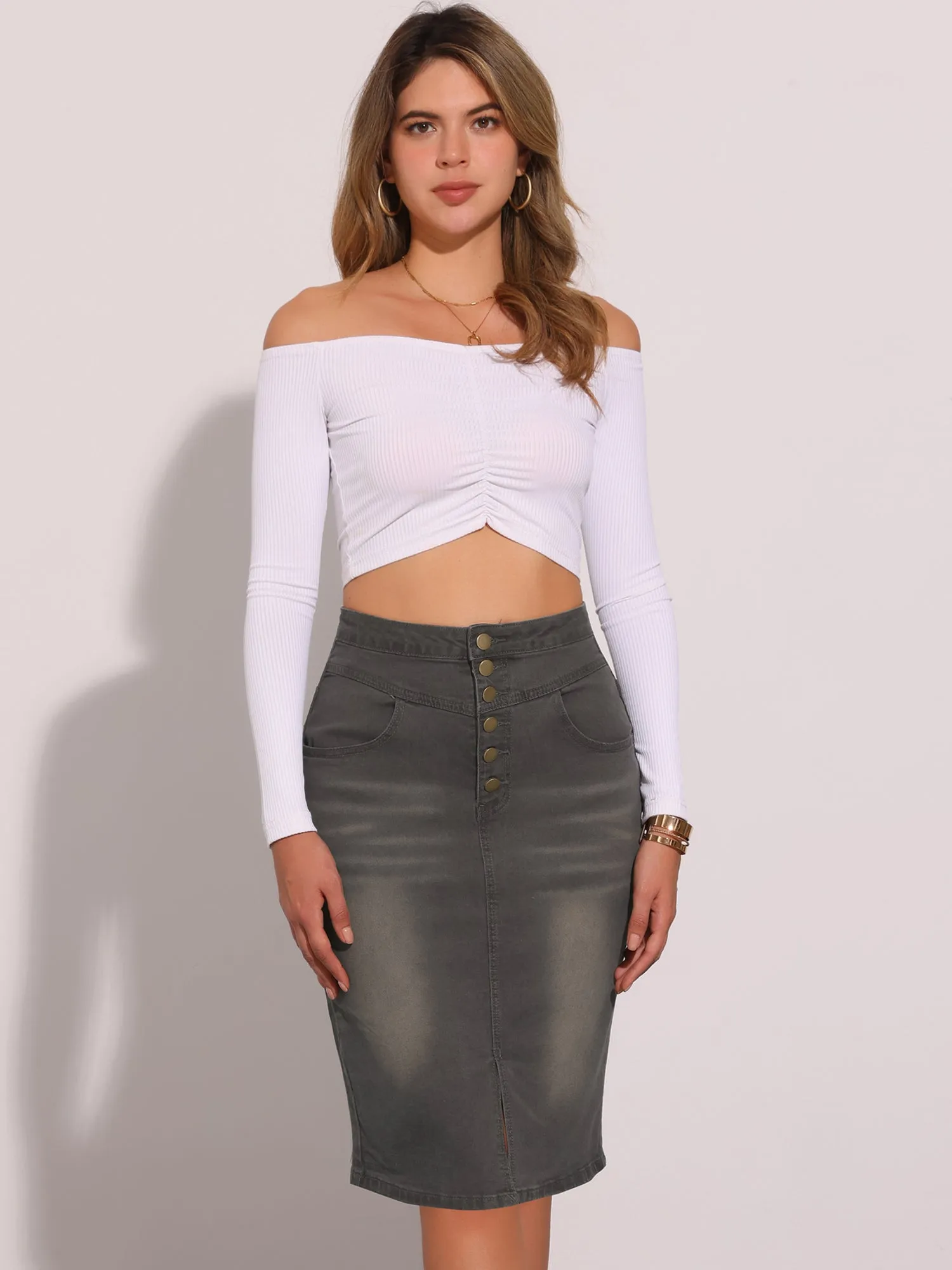 Denim Pencil Button High Waist Split Hem Casual Midi Jean Skirts
