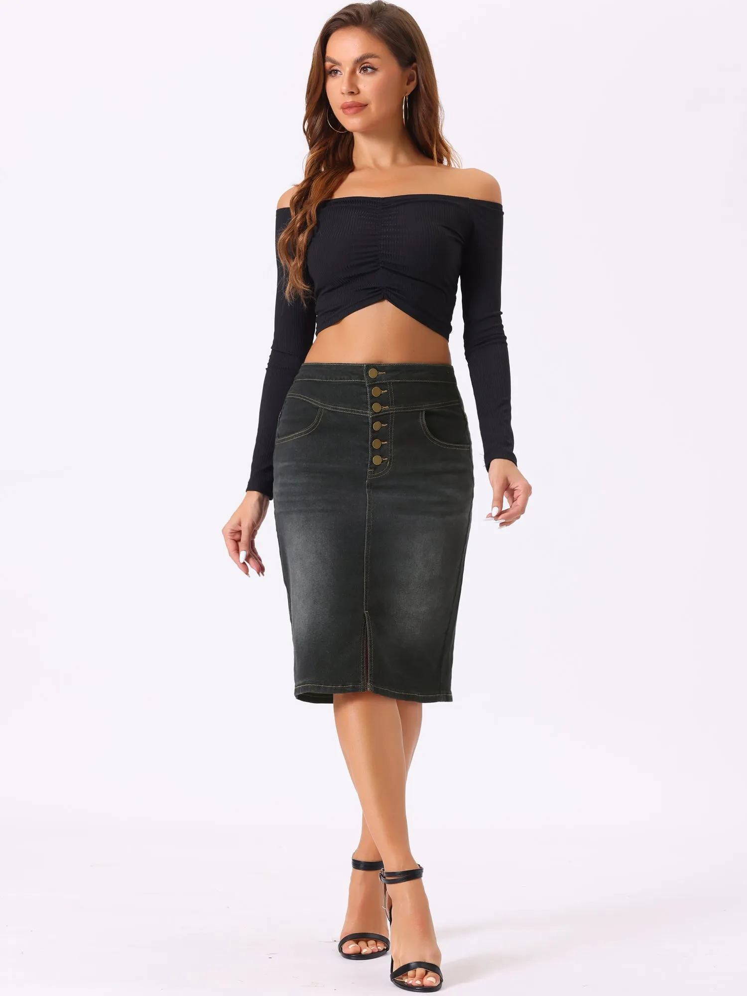 Denim Pencil Button High Waist Split Hem Casual Midi Jean Skirts