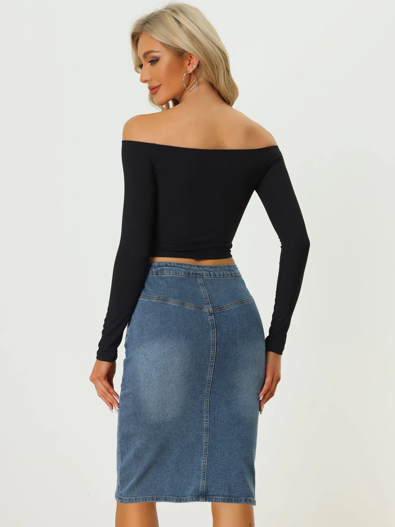 Denim Pencil Button High Waist Split Hem Casual Midi Jean Skirts