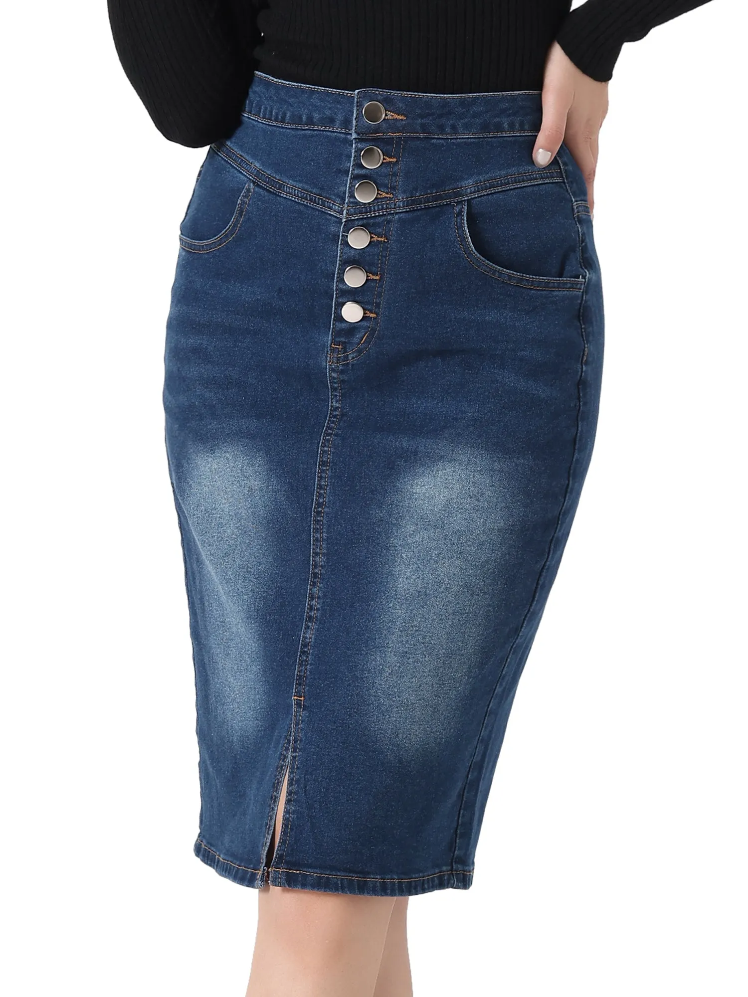 Denim Pencil Button High Waist Split Hem Casual Midi Jean Skirts