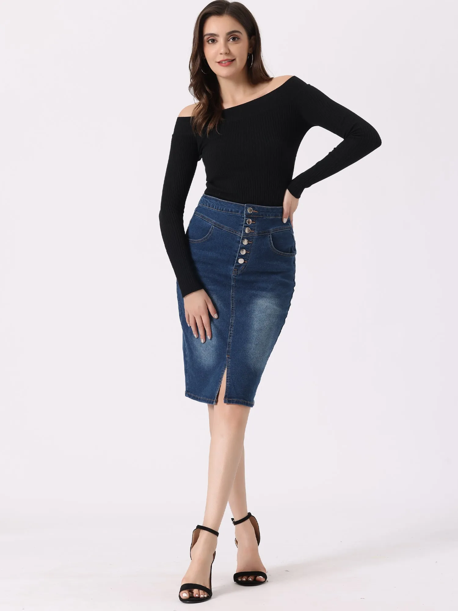 Denim Pencil Button High Waist Split Hem Casual Midi Jean Skirts