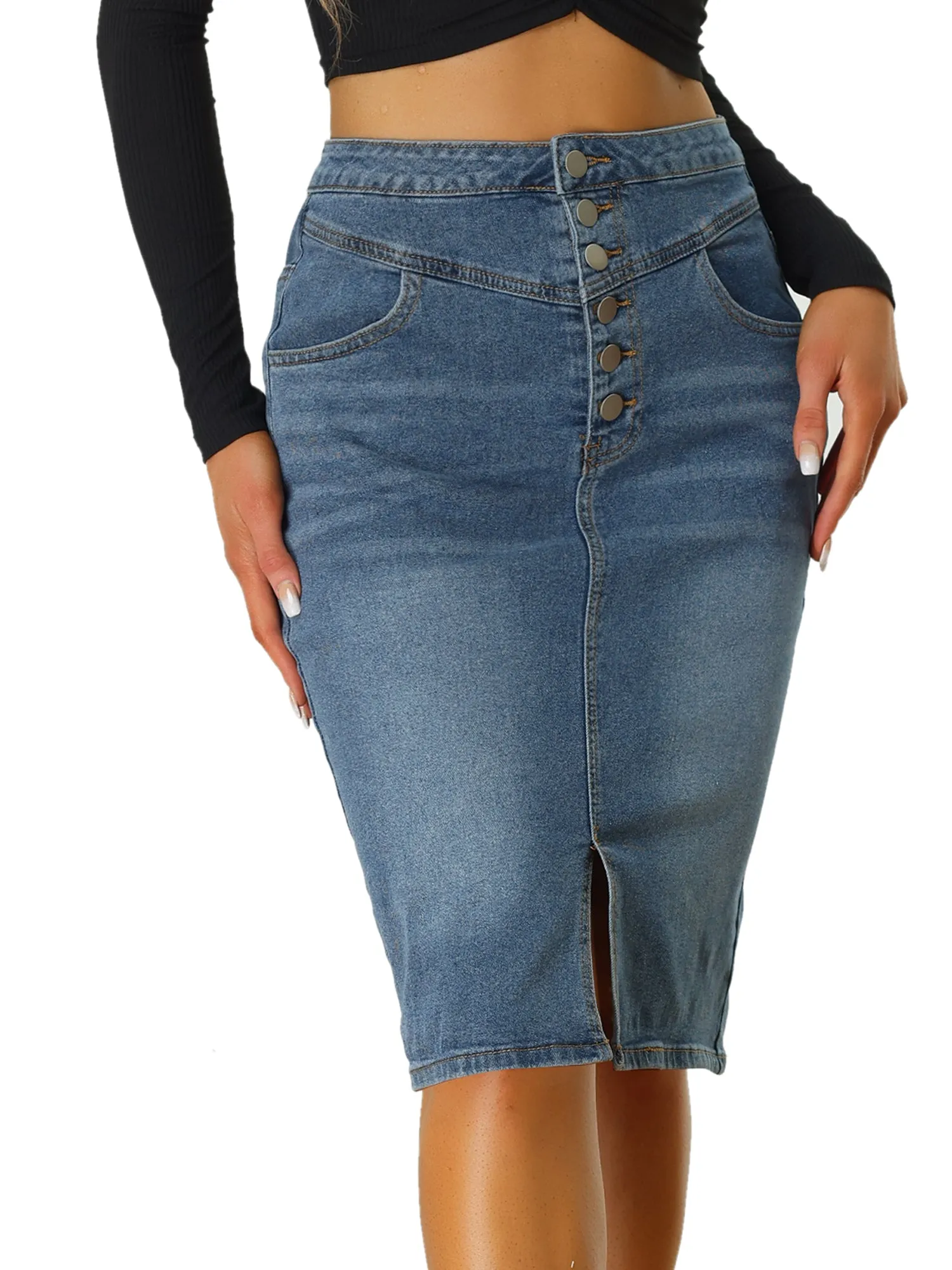 Denim Pencil Button High Waist Split Hem Casual Midi Jean Skirts