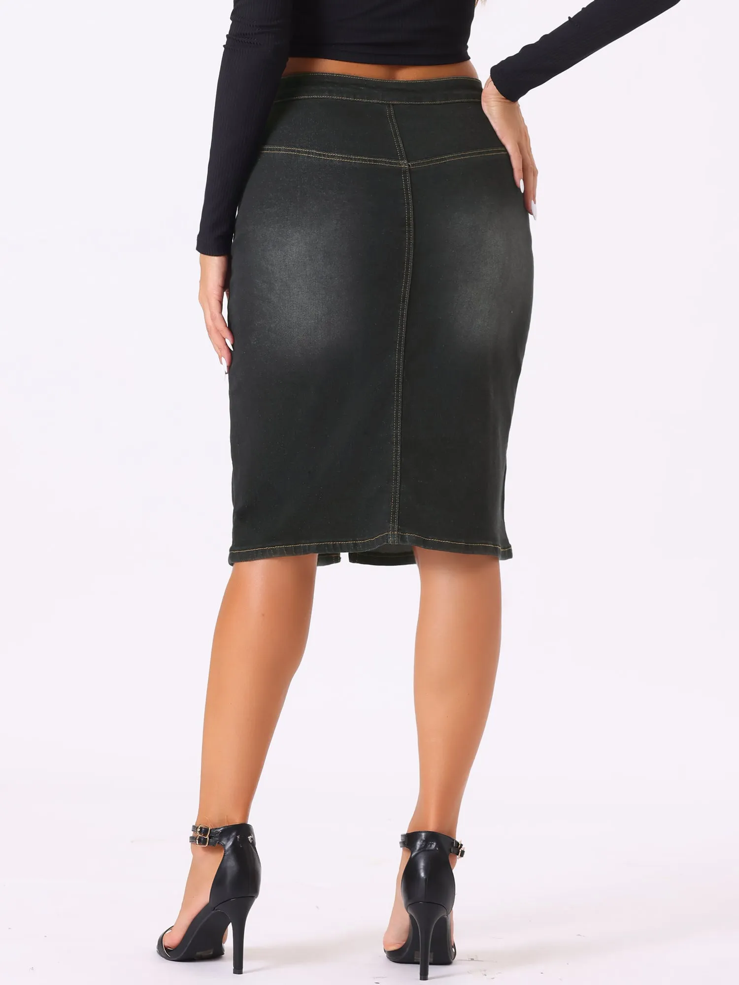 Denim Pencil Button High Waist Split Hem Casual Midi Jean Skirts