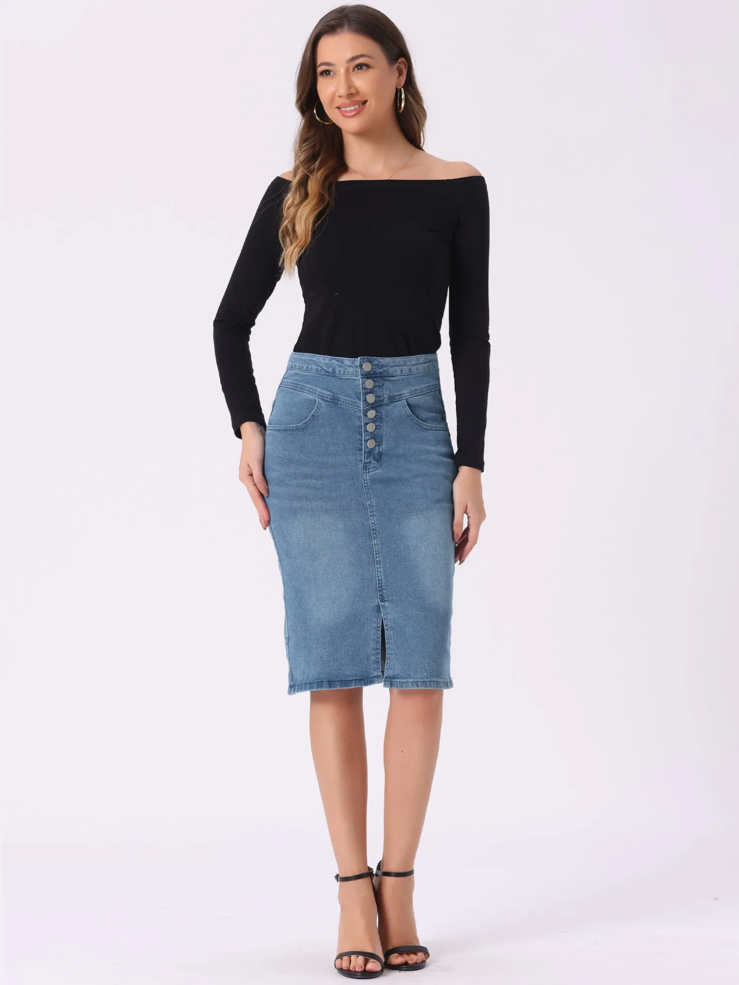 Denim Pencil Button High Waist Split Hem Casual Midi Jean Skirts
