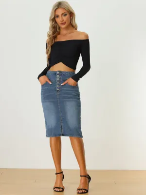 Denim Pencil Button High Waist Split Hem Casual Midi Jean Skirts