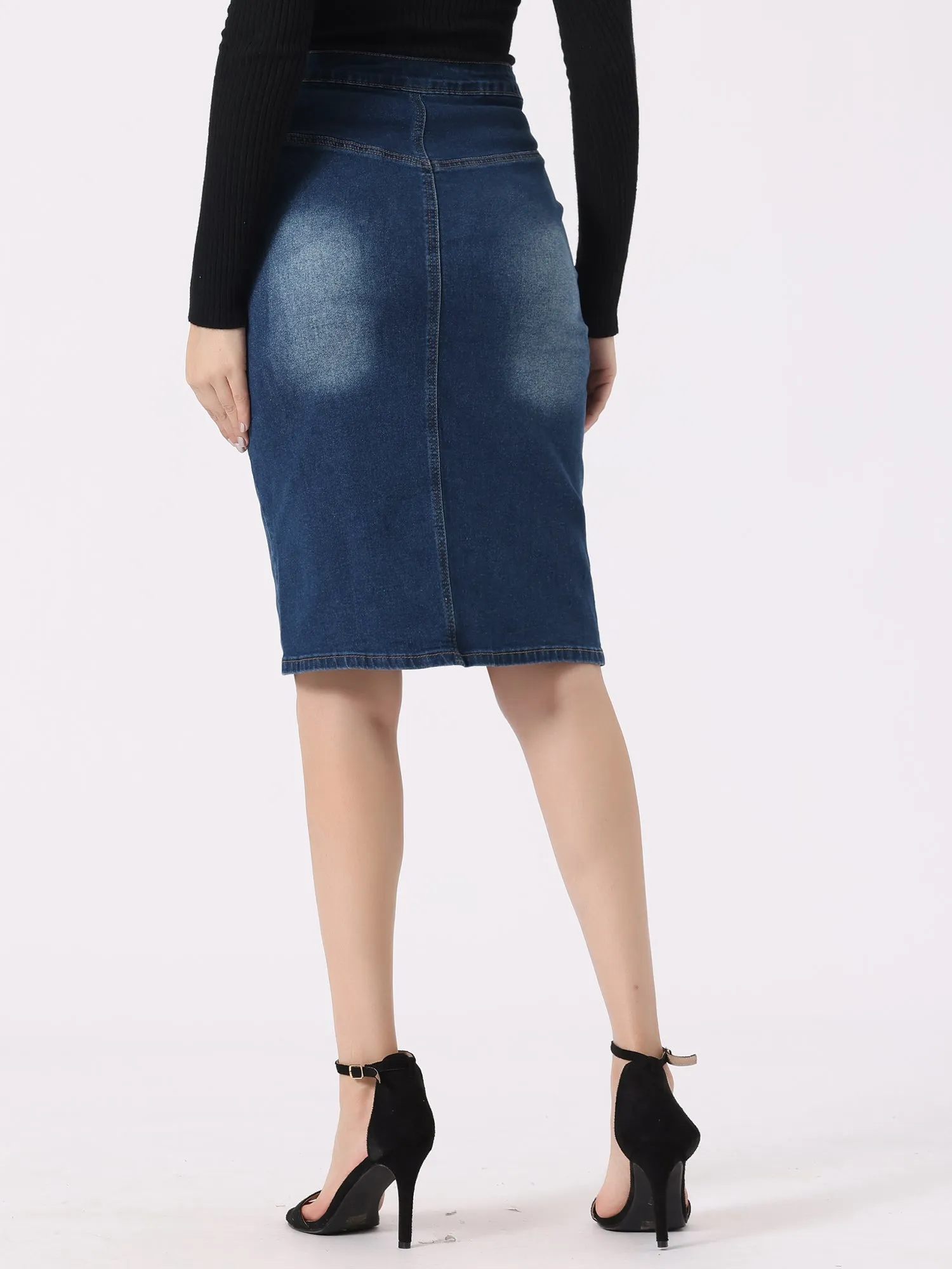 Denim Pencil Button High Waist Split Hem Casual Midi Jean Skirts