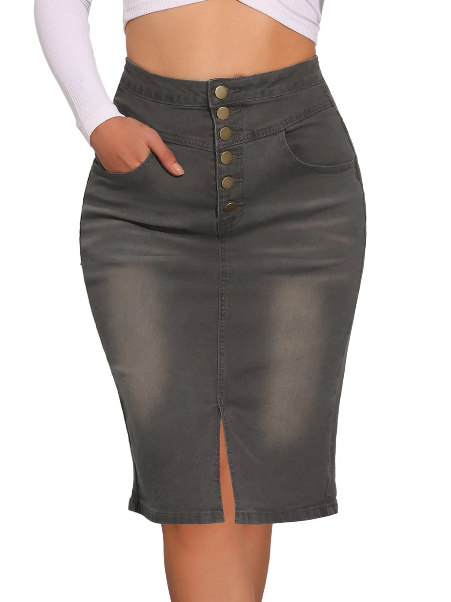 Denim Pencil Button High Waist Split Hem Casual Midi Jean Skirts