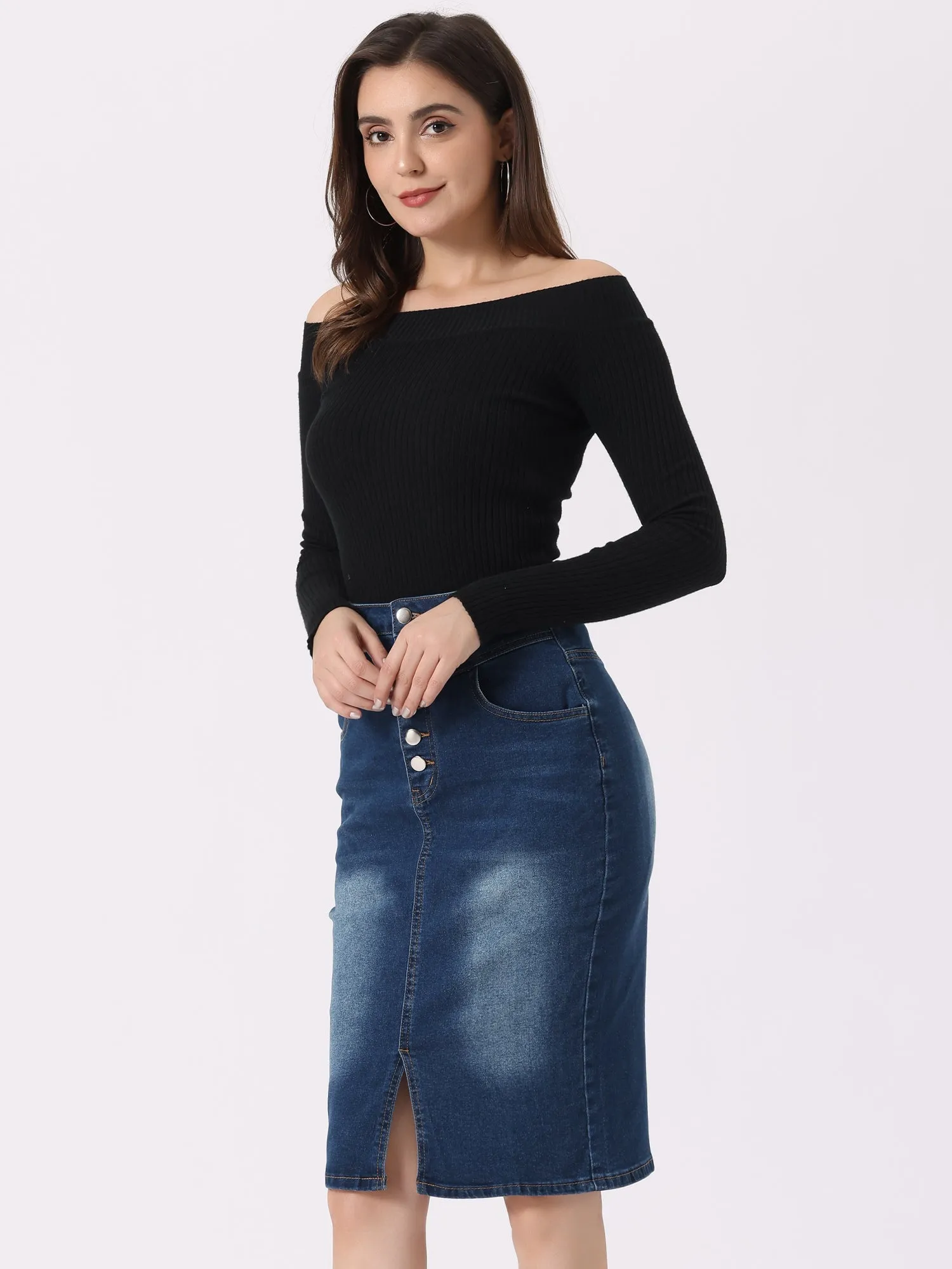 Denim Pencil Button High Waist Split Hem Casual Midi Jean Skirts