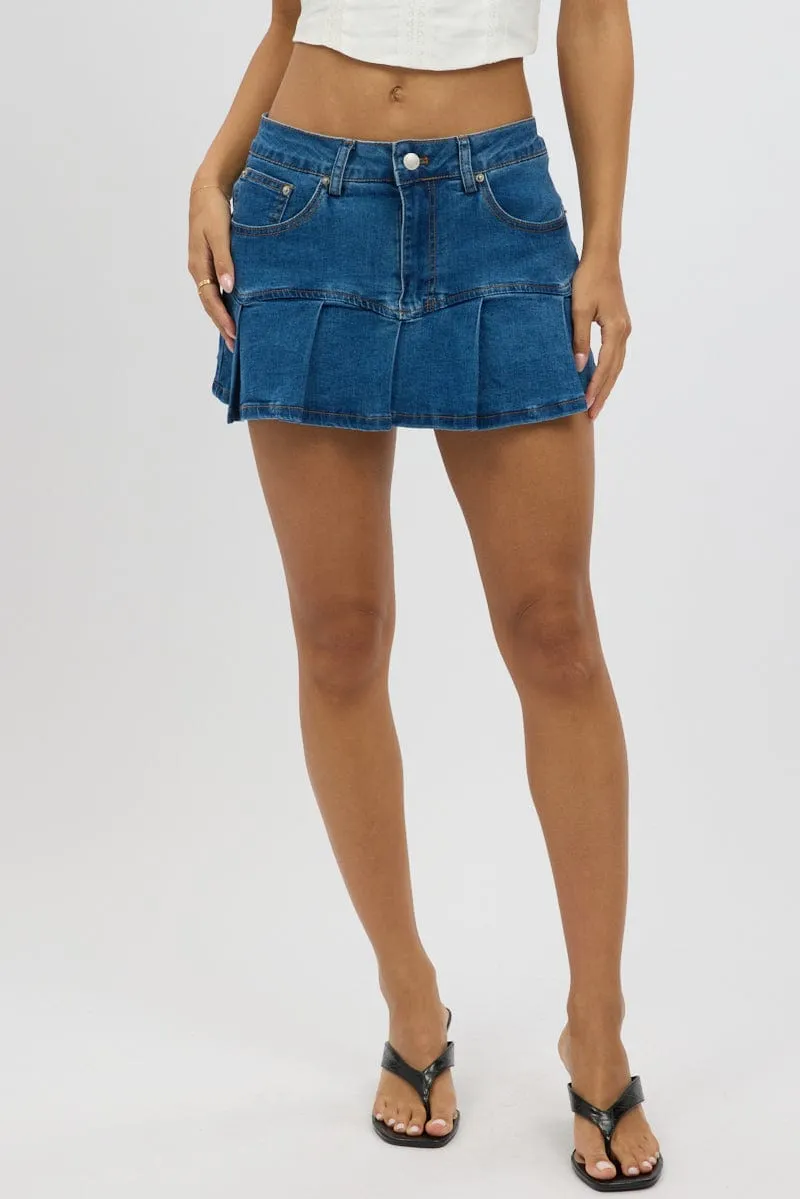 Denim Pleated Skort Mid Rise Mini Stretch Lined