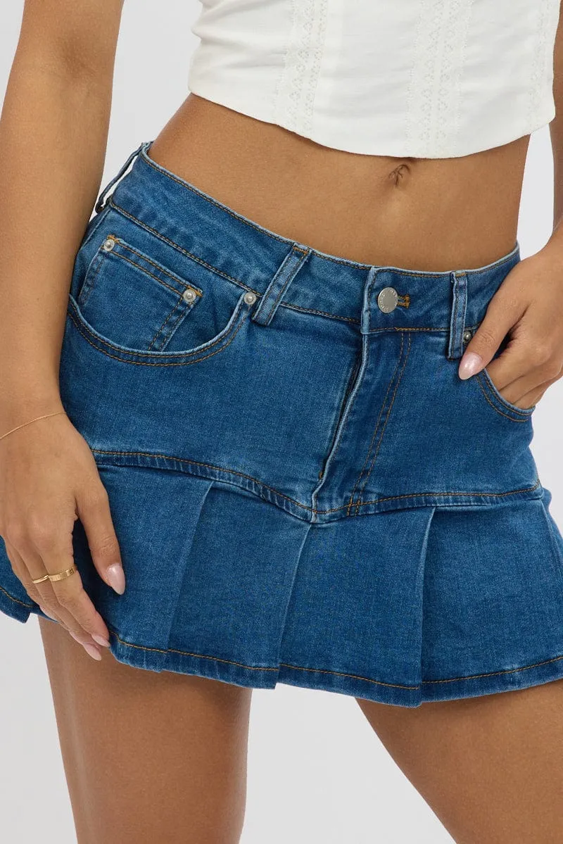 Denim Pleated Skort Mid Rise Mini Stretch Lined