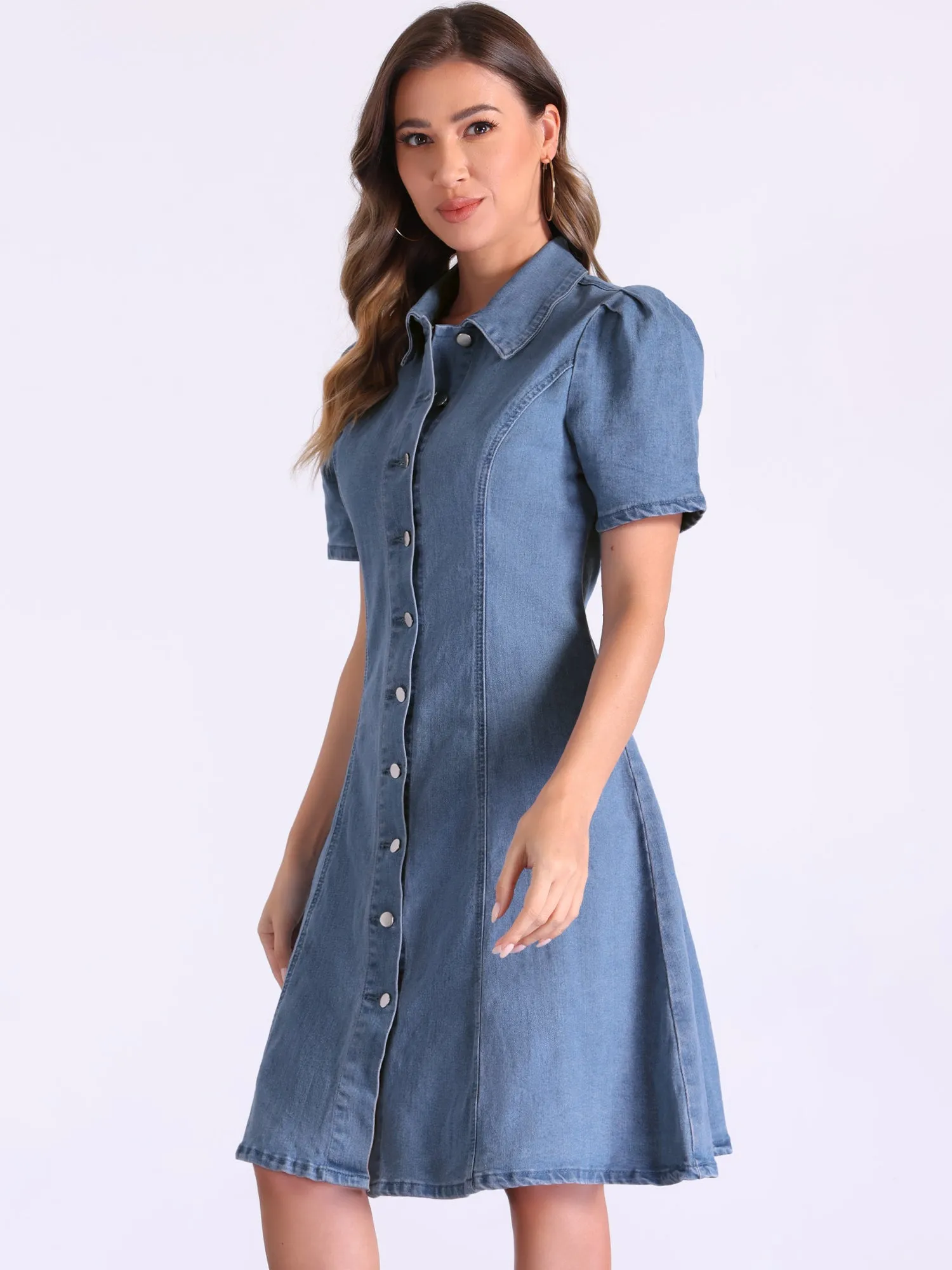 Denim Puff Sleeve Buttton Down Collared A-Line Jean Dress