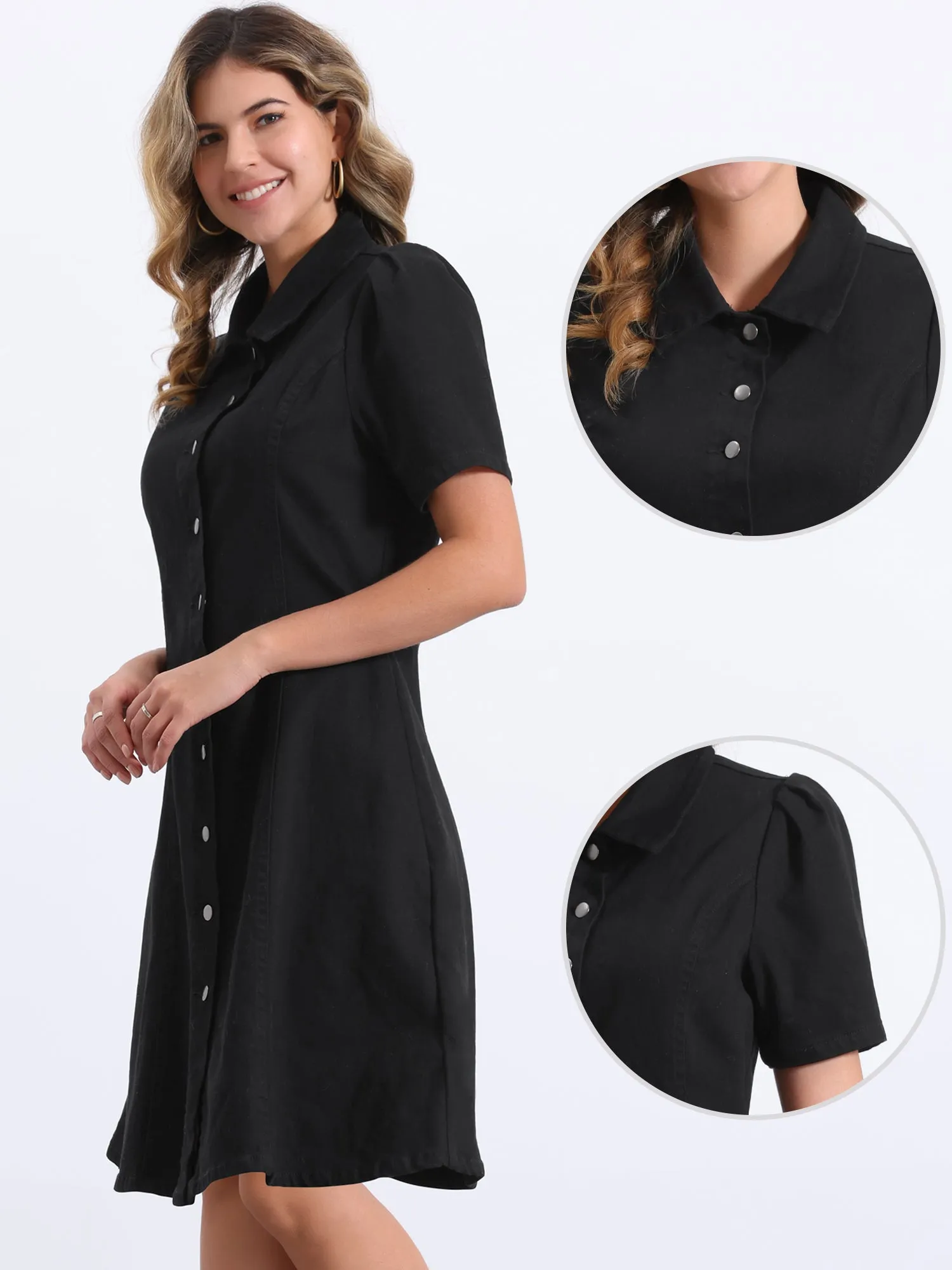 Denim Puff Sleeve Buttton Down Collared A-Line Jean Dress