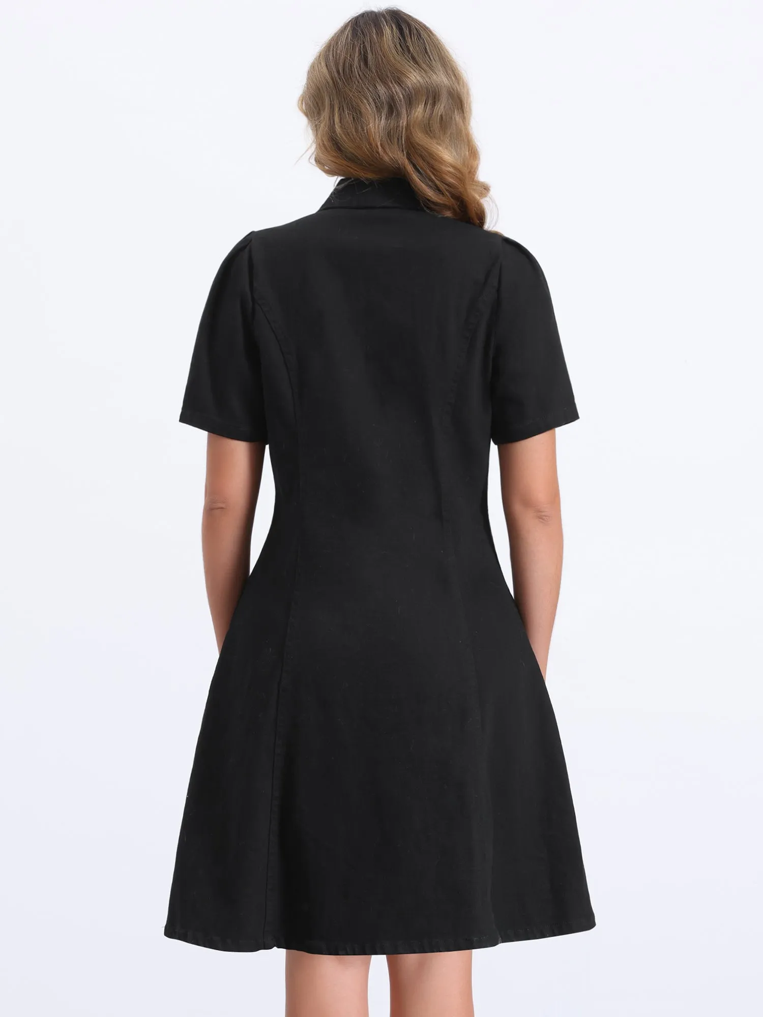 Denim Puff Sleeve Buttton Down Collared A-Line Jean Dress