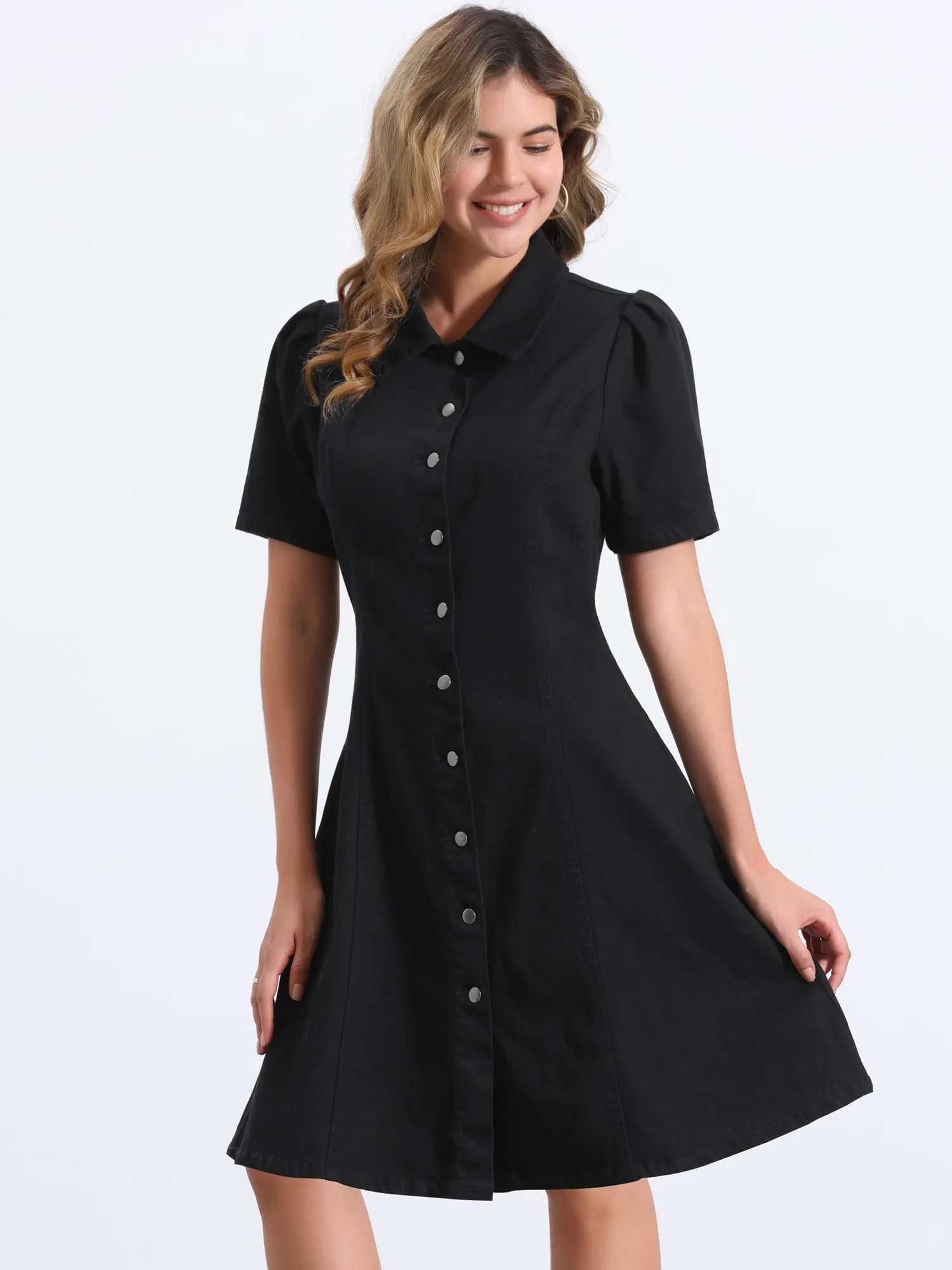 Denim Puff Sleeve Buttton Down Collared A-Line Jean Dress