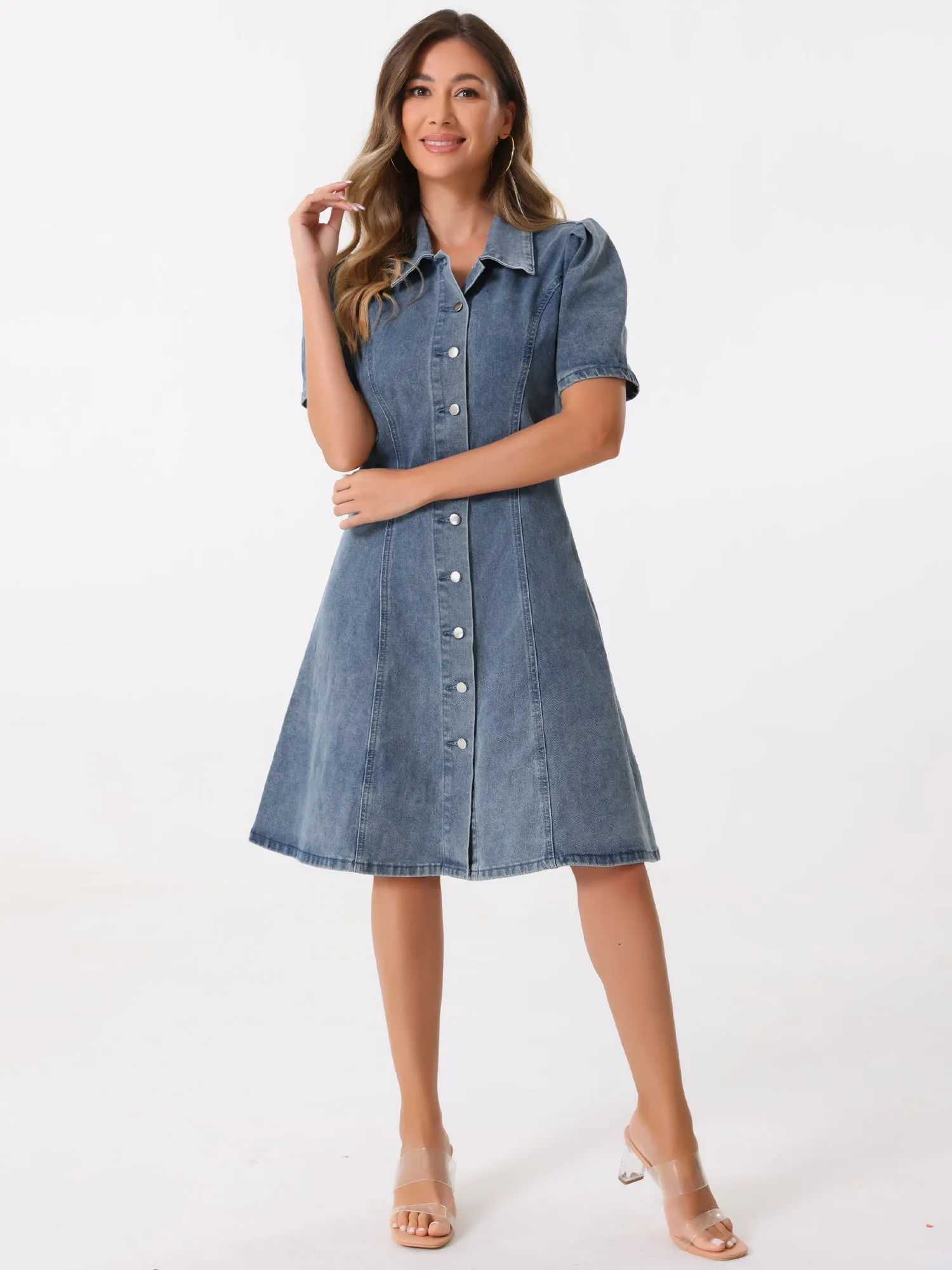Denim Puff Sleeve Buttton Down Collared A-Line Jean Dress