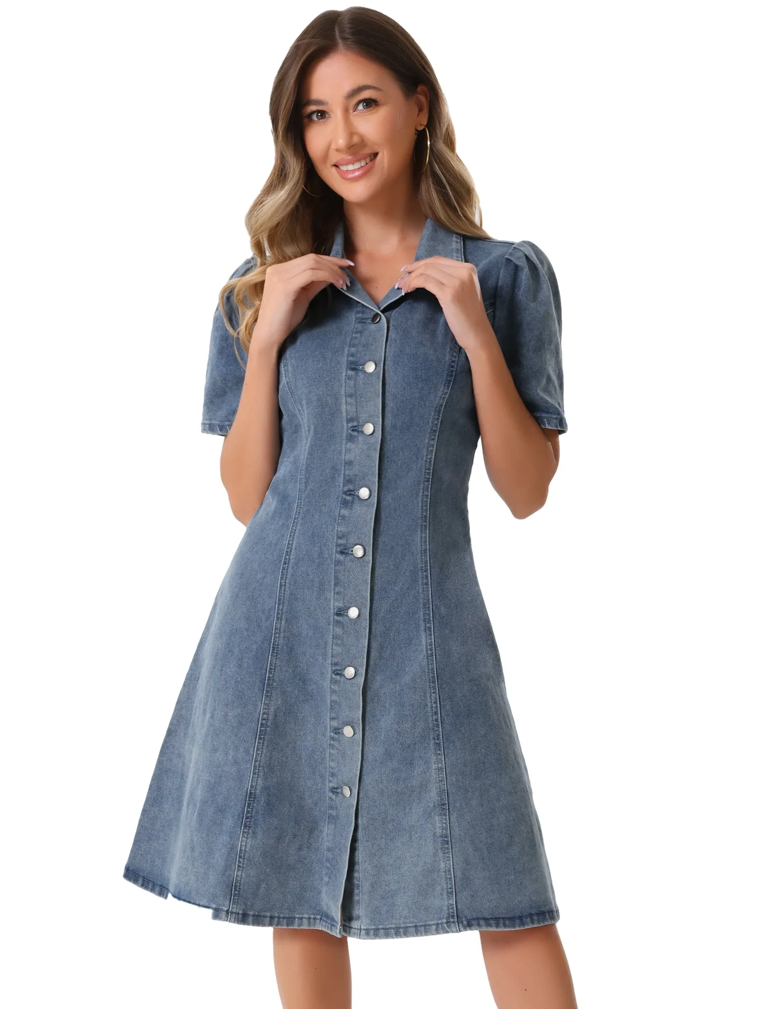 Denim Puff Sleeve Buttton Down Collared A-Line Jean Dress