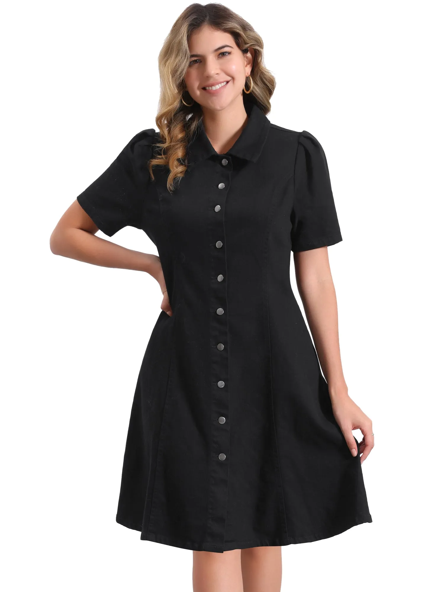 Denim Puff Sleeve Buttton Down Collared A-Line Jean Dress