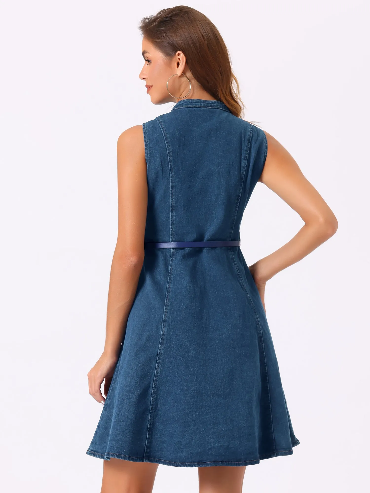 Denim Sleeveless V Neck Belted Flared Casual Jean Shirt Dress