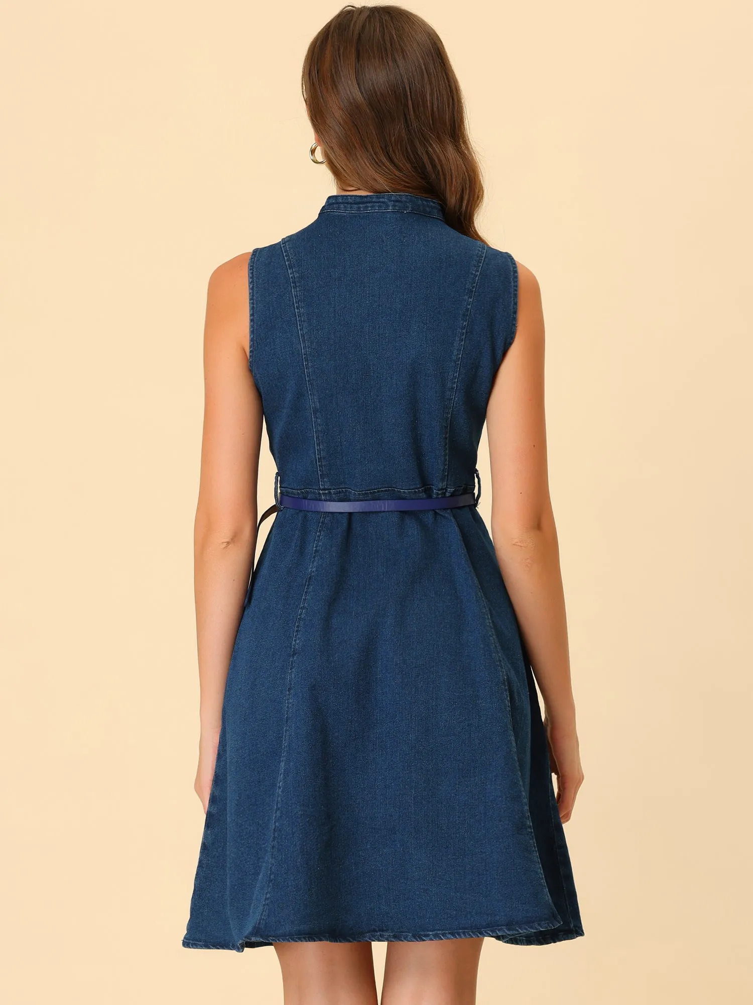 Denim Sleeveless V Neck Belted Flared Casual Jean Shirt Dress