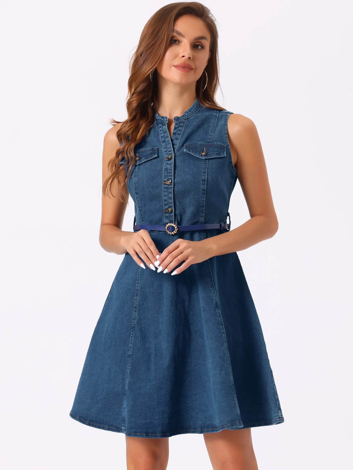 Denim Sleeveless V Neck Belted Flared Casual Jean Shirt Dress