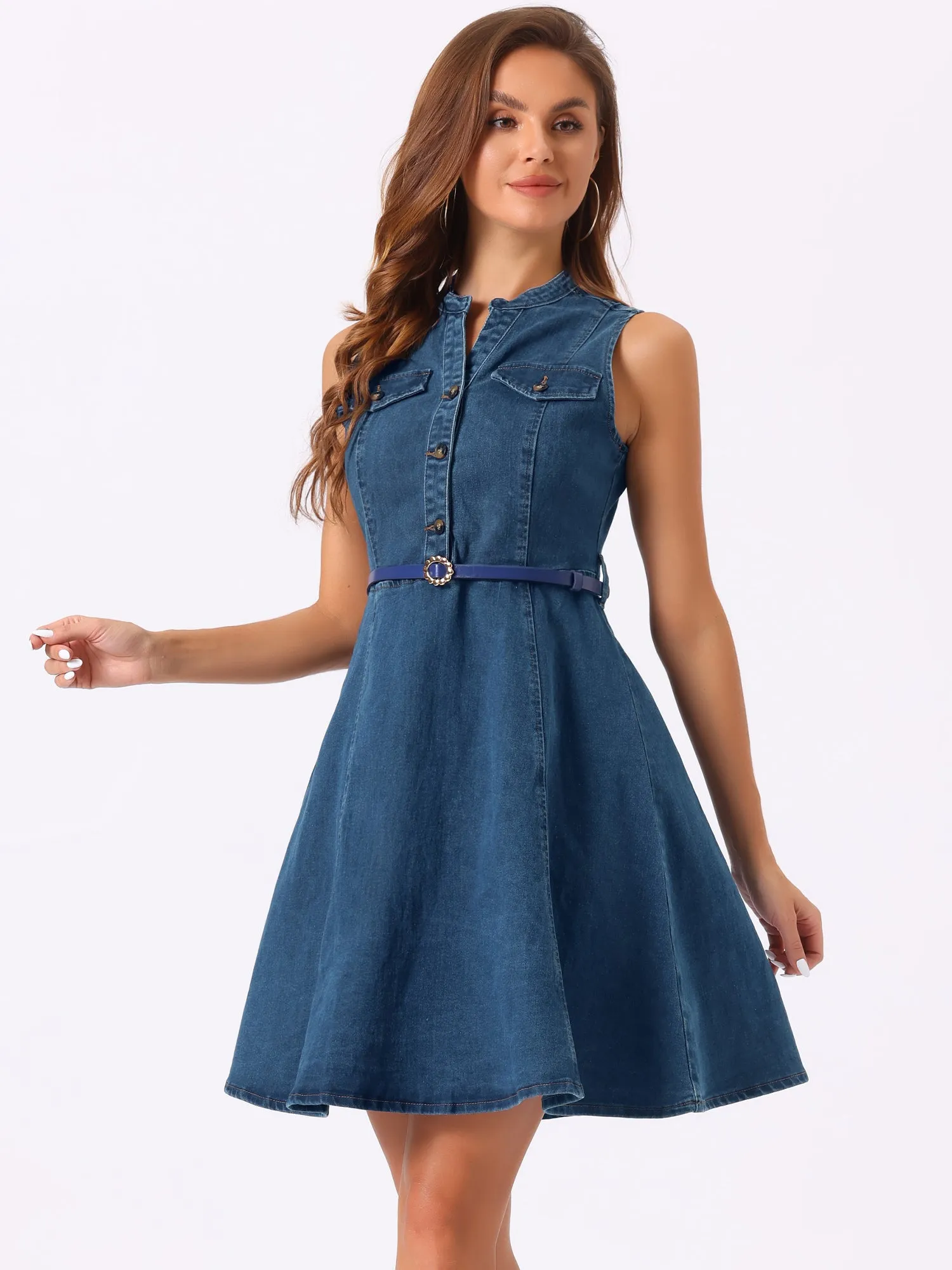 Denim Sleeveless V Neck Belted Flared Casual Jean Shirt Dress