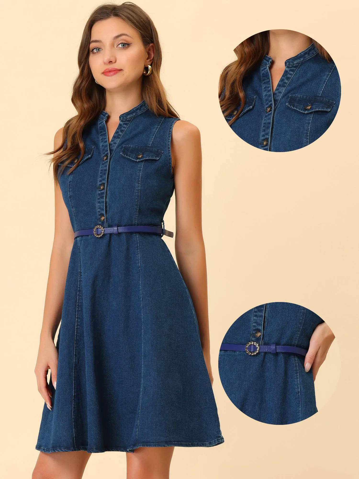 Denim Sleeveless V Neck Belted Flared Casual Jean Shirt Dress