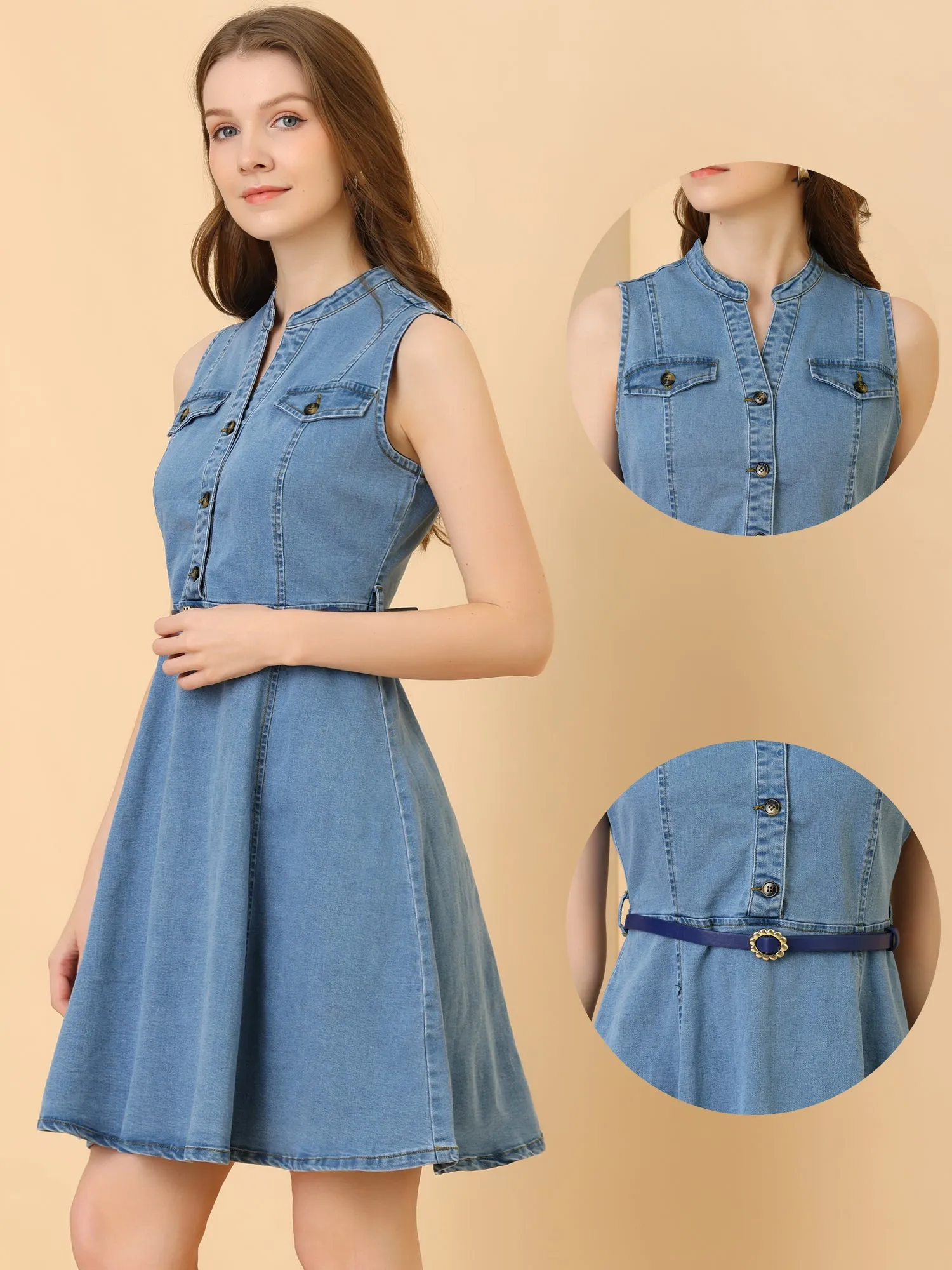 Denim Sleeveless V Neck Belted Flared Casual Jean Shirt Dress