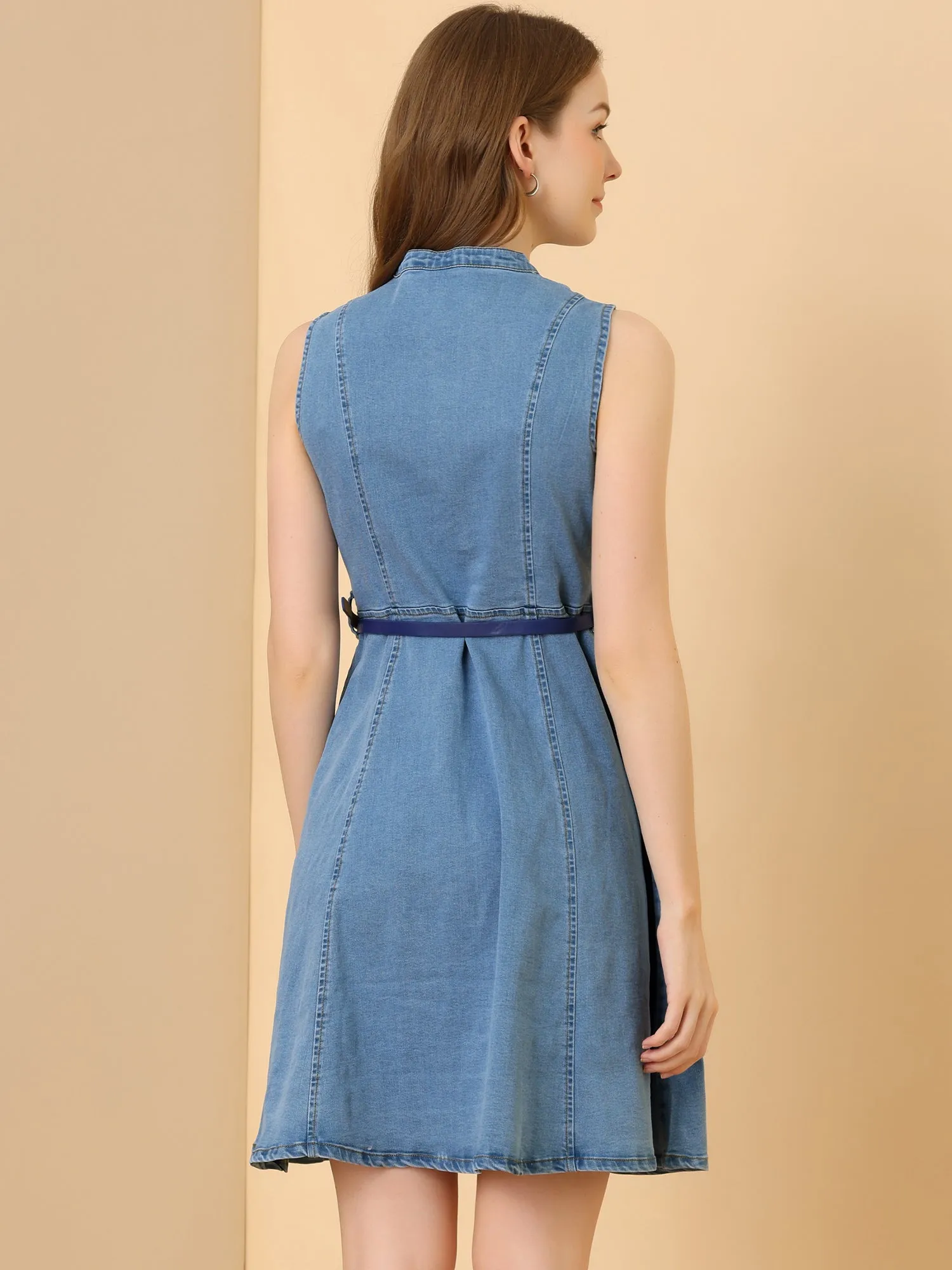 Denim Sleeveless V Neck Belted Flared Casual Jean Shirt Dress