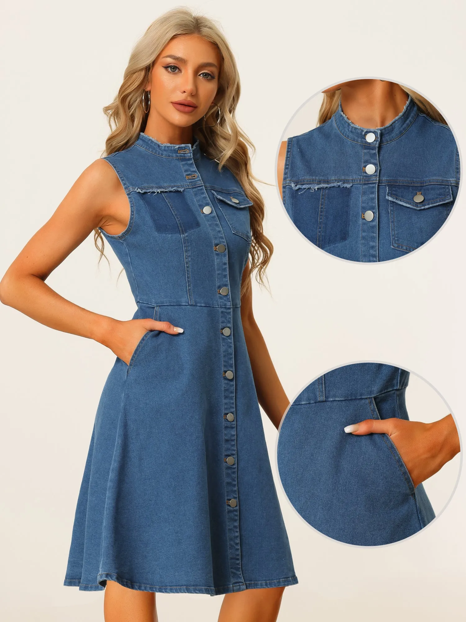 Denim Stand Collar Buttom Sleeveless Distressed A-line Midi Dress