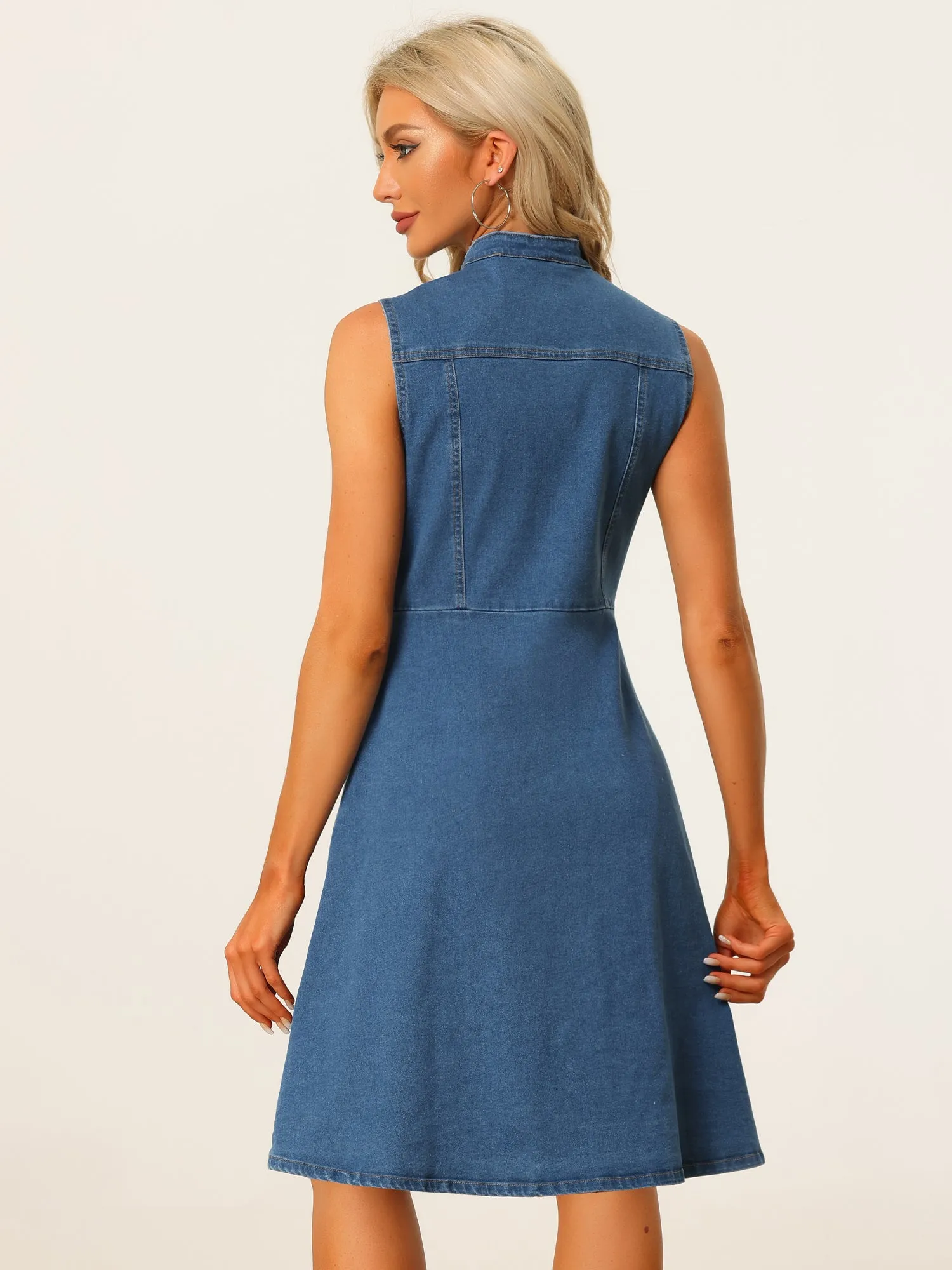 Denim Stand Collar Buttom Sleeveless Distressed A-line Midi Dress