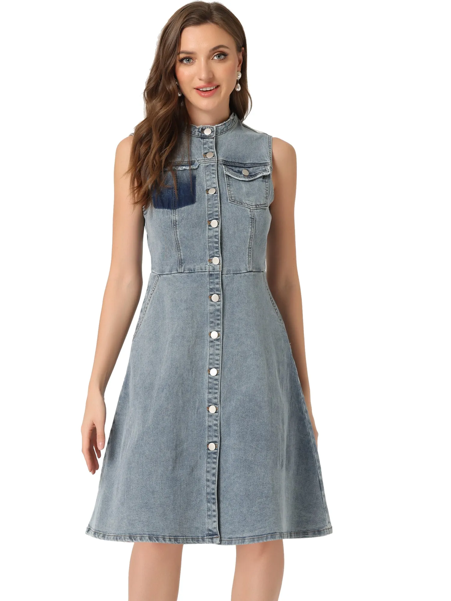 Denim Stand Collar Buttom Sleeveless Distressed A-line Midi Dress