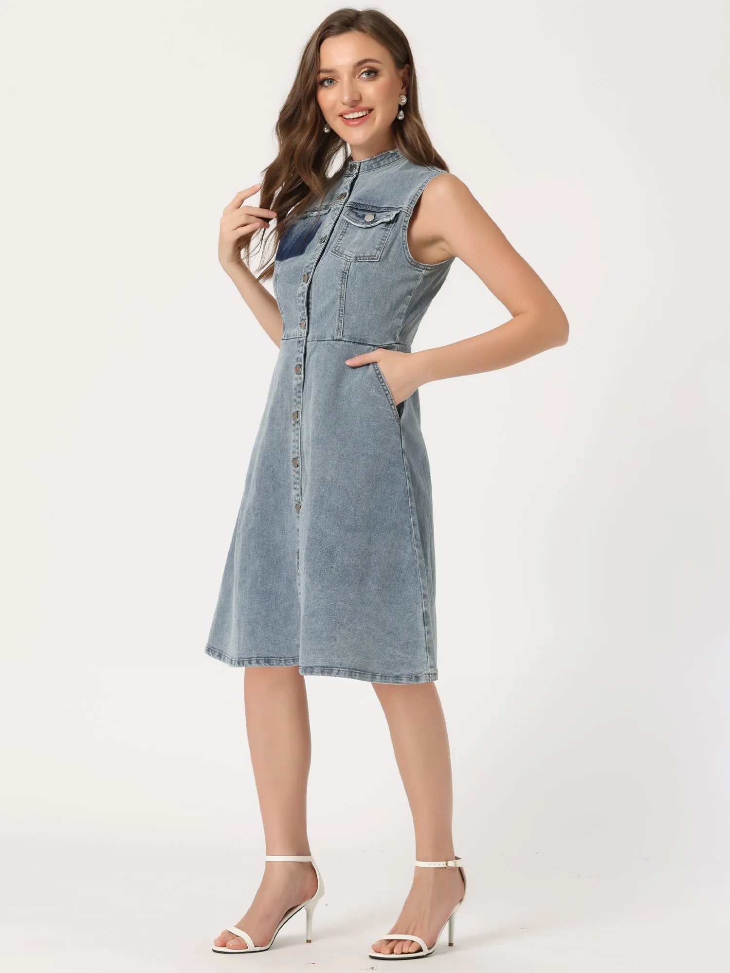 Denim Stand Collar Buttom Sleeveless Distressed A-line Midi Dress