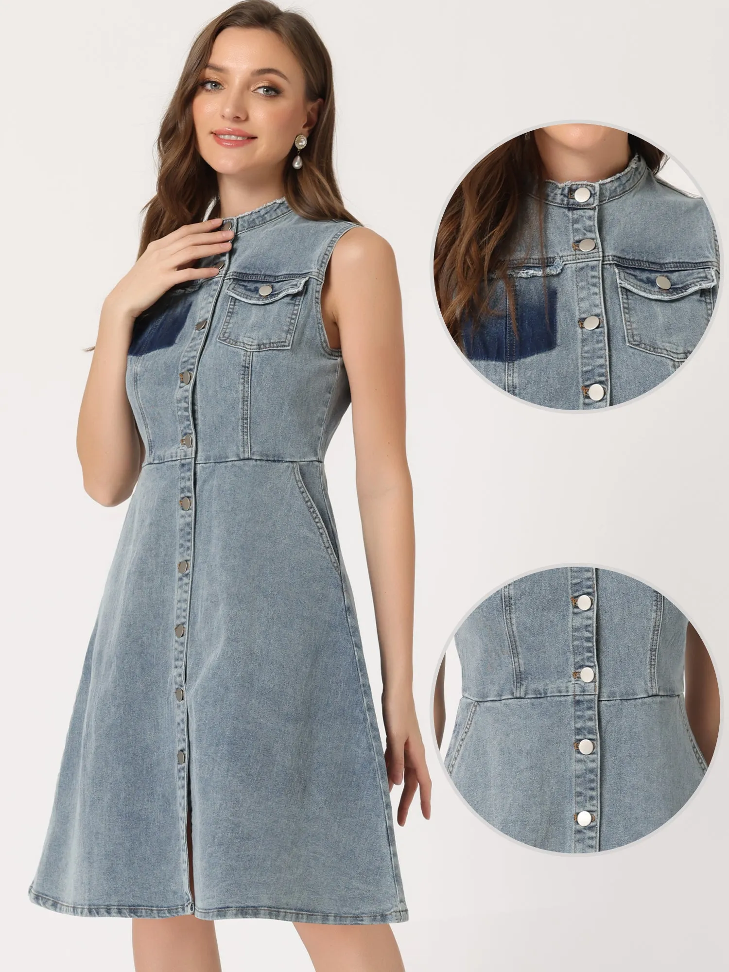 Denim Stand Collar Buttom Sleeveless Distressed A-line Midi Dress