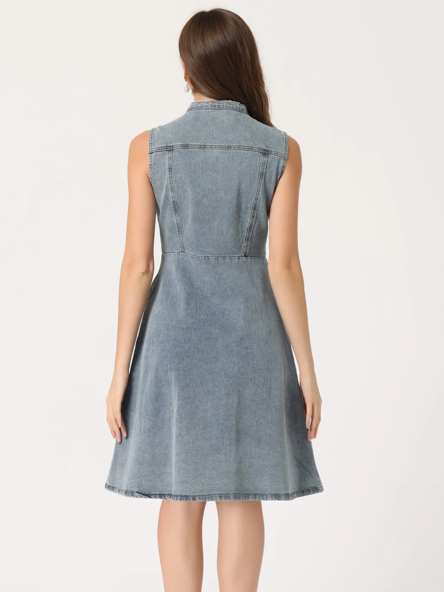Denim Stand Collar Buttom Sleeveless Distressed A-line Midi Dress