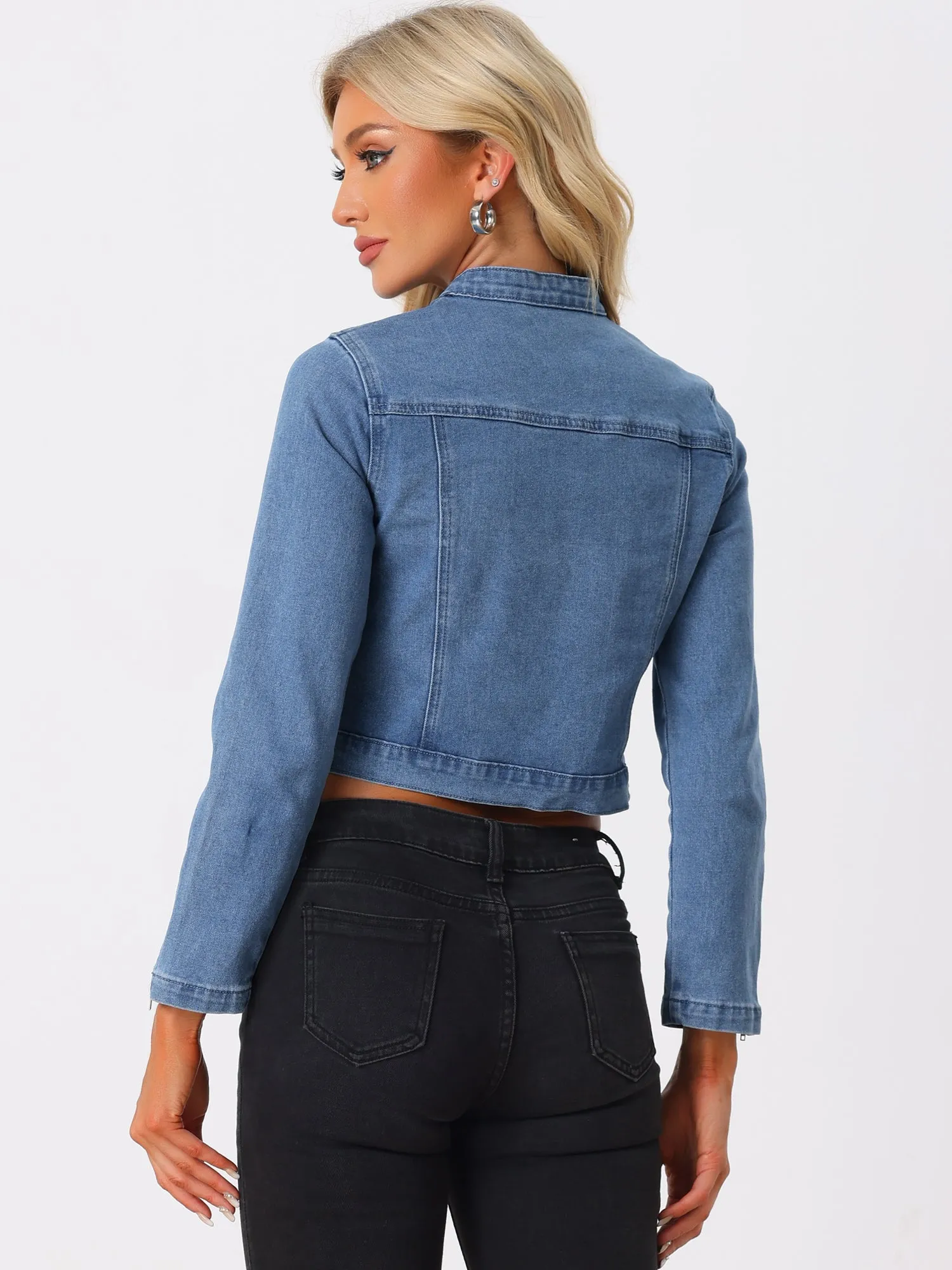 Denim Stand Collar Zip Up Long Sleeve Motorcycle Biker Jean Jacket