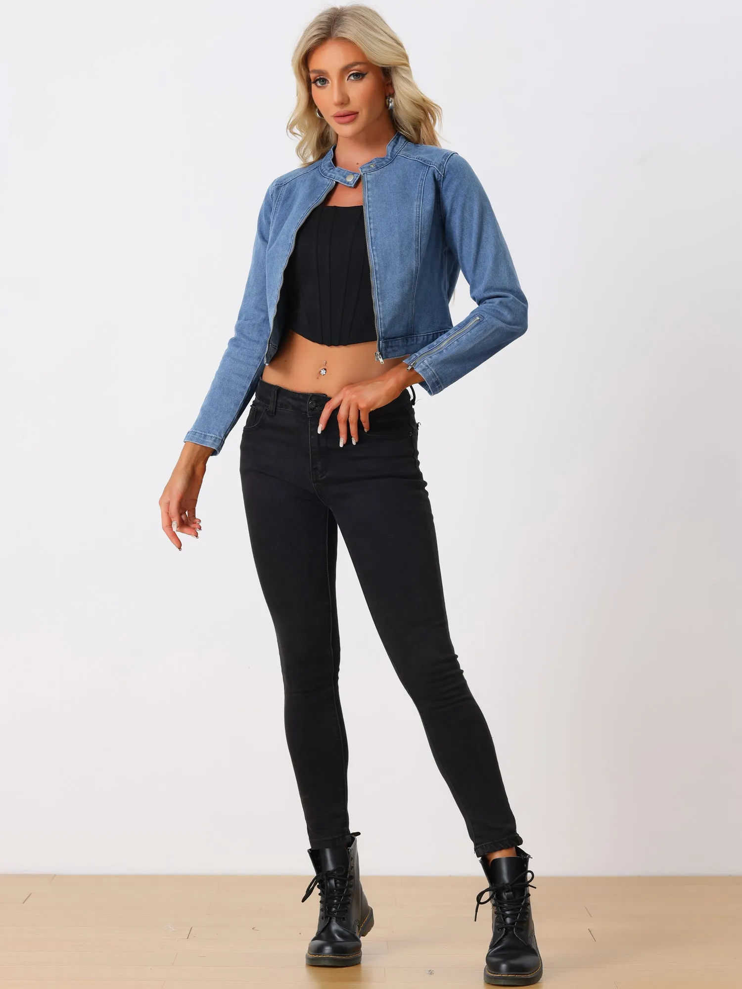 Denim Stand Collar Zip Up Long Sleeve Motorcycle Biker Jean Jacket