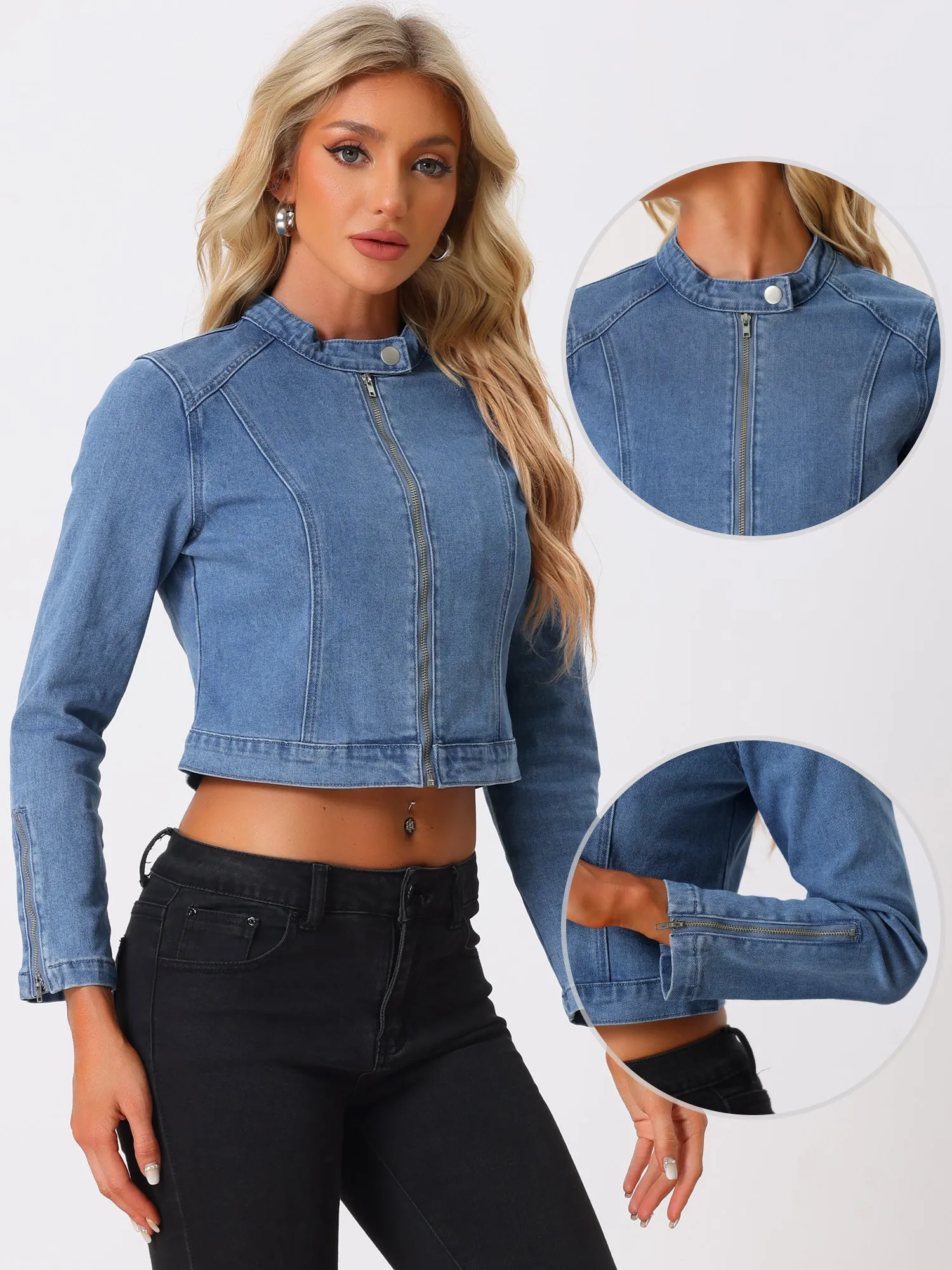 Denim Stand Collar Zip Up Long Sleeve Motorcycle Biker Jean Jacket