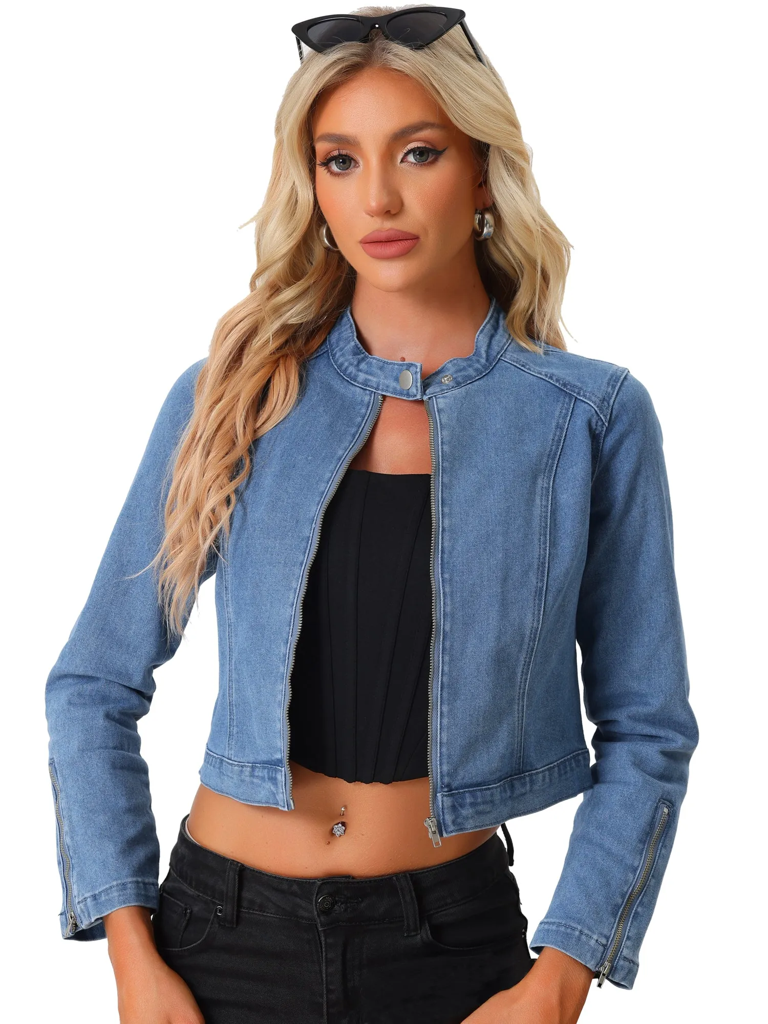 Denim Stand Collar Zip Up Long Sleeve Motorcycle Biker Jean Jacket