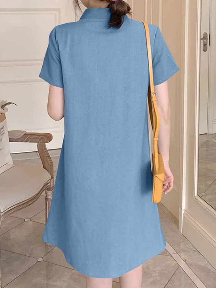 Embroidery Floral Splicing Lapel Casual Women Midi Dress