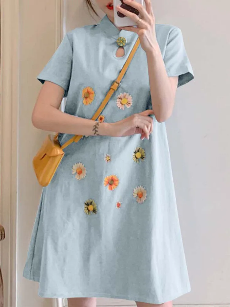 Embroidery Floral Splicing Lapel Casual Women Midi Dress