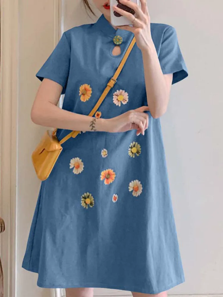 Embroidery Floral Splicing Lapel Casual Women Midi Dress