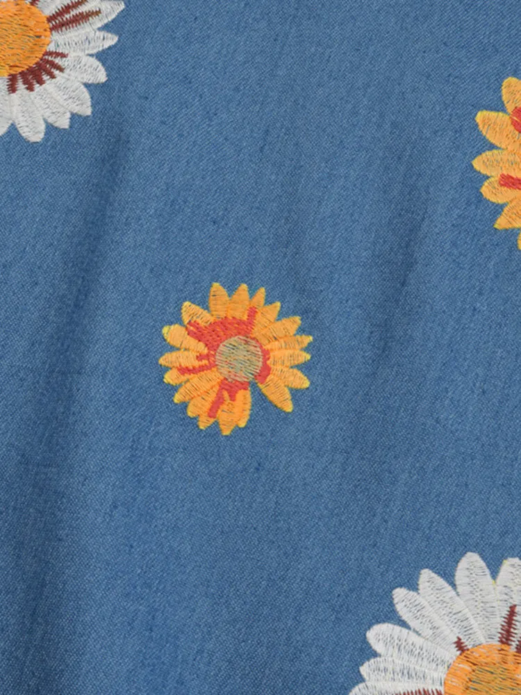 Embroidery Floral Splicing Lapel Casual Women Midi Dress