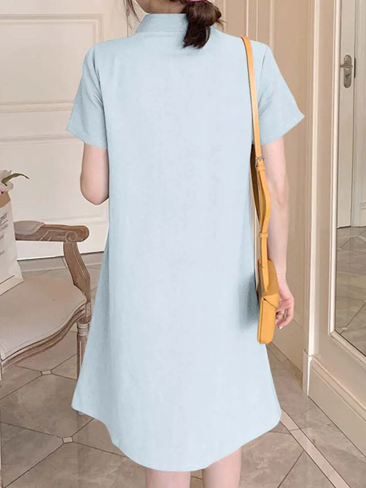 Embroidery Floral Splicing Lapel Casual Women Midi Dress