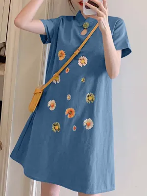 Embroidery Floral Splicing Lapel Casual Women Midi Dress