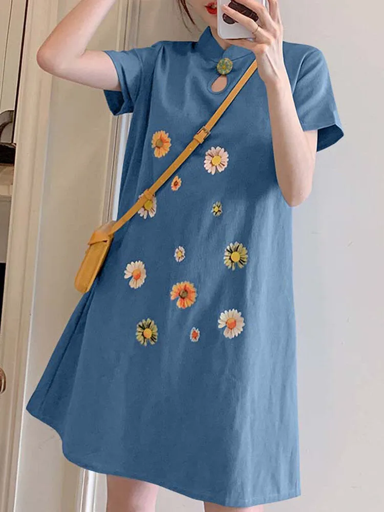 Embroidery Floral Splicing Lapel Casual Women Midi Dress