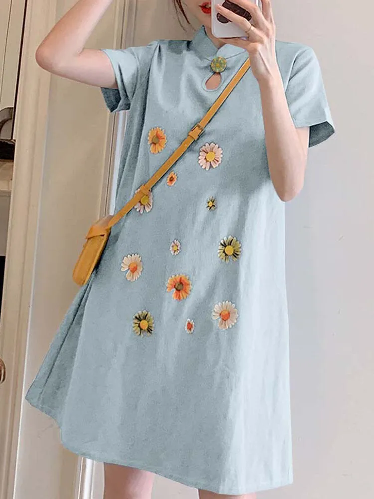 Embroidery Floral Splicing Lapel Casual Women Midi Dress