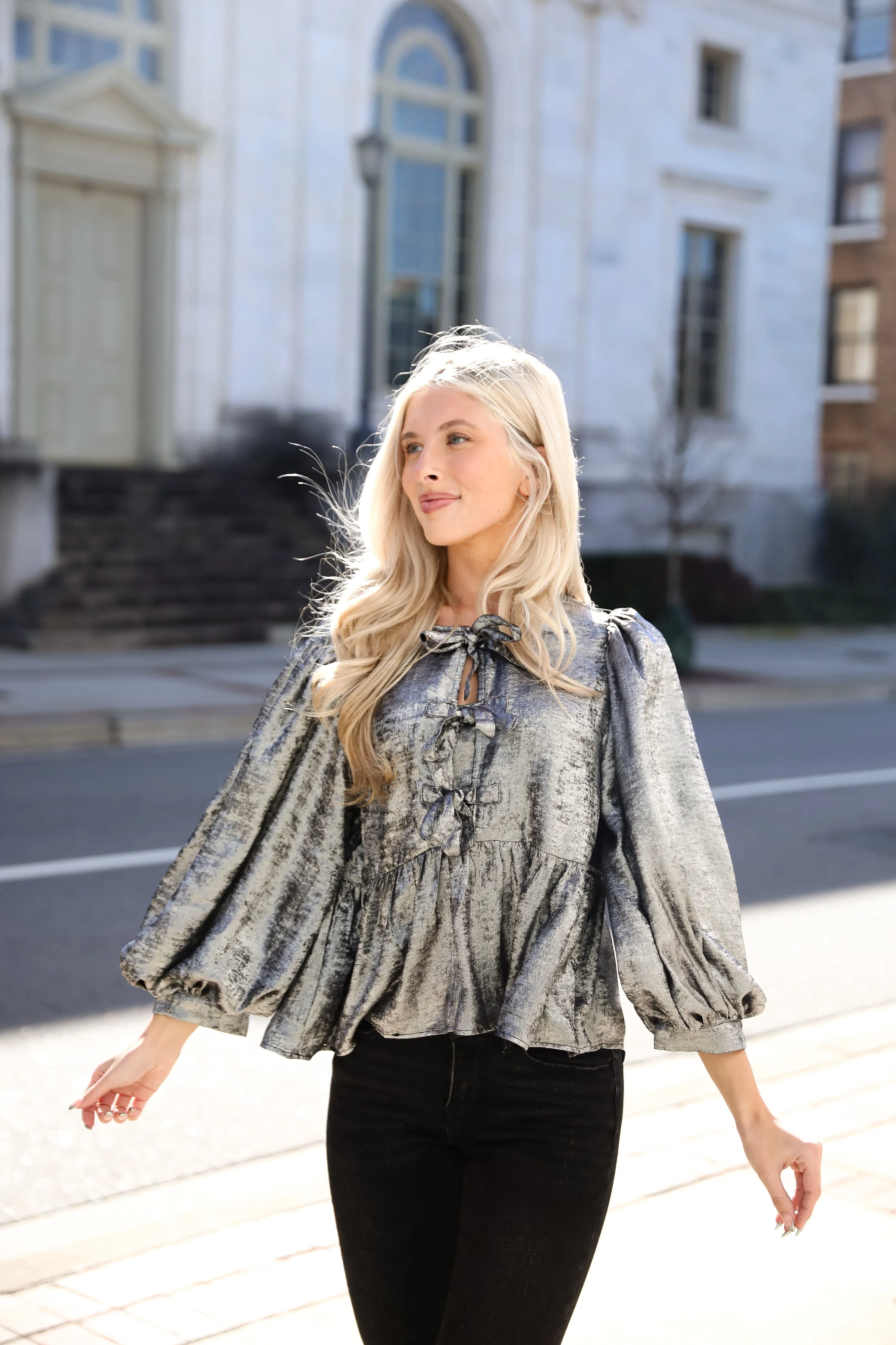FINAL SALE - Notably Luxe Metallic Bow Blouse