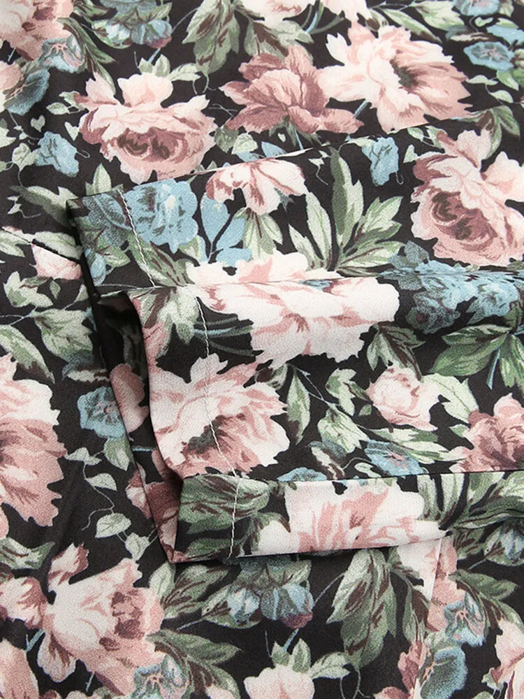 Floral Print Square Neck High Split Long Sleeve Slim Women Midi Dress