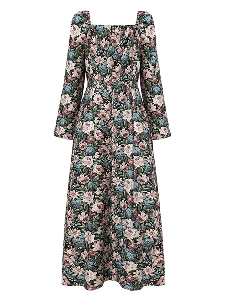 Floral Print Square Neck High Split Long Sleeve Slim Women Midi Dress
