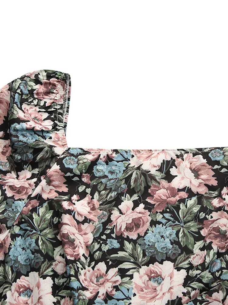 Floral Print Square Neck High Split Long Sleeve Slim Women Midi Dress